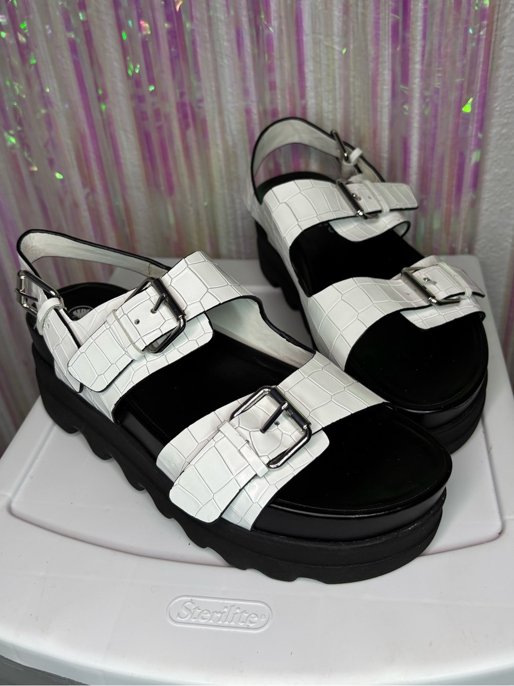 Multi Buckle White Croc-Embossed Platform Sandals - Dillard’s Nurture Roam